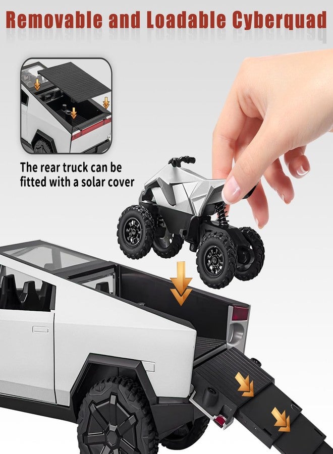 Samtop Cybertruck Toy for Kids, Pickup Truck with RV Motorcycle Cybertquad Metal Die-cast Model Car, 1/32 Toy Truck and Trailer with Sound/Light/Pull Back, Ideal Gift for Boys (Silver) - Image 4